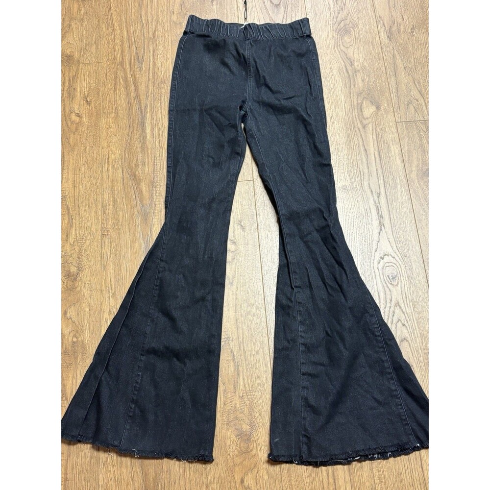 Newbury Kustom Flare Jeans Medium Pull On Raw Hem Black High Rise